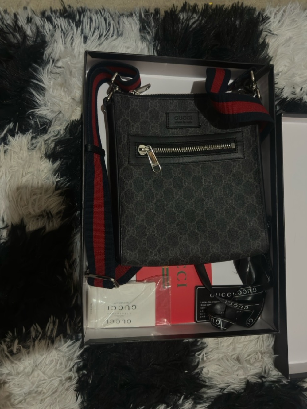 Gucci Black GG Supreme Messenger Bag with Red-Blue Web Strap